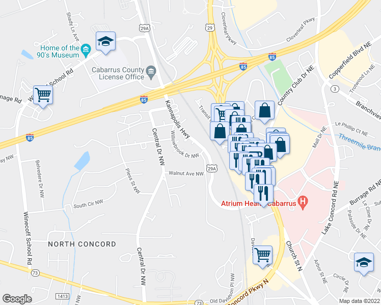 map of restaurants, bars, coffee shops, grocery stores, and more near 31 Willowbrook Drive Northwest in Concord