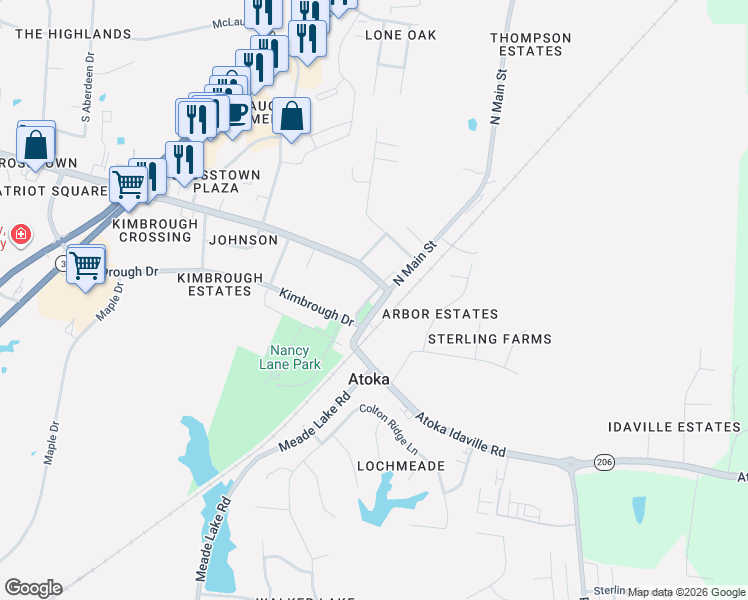 map of restaurants, bars, coffee shops, grocery stores, and more near 709 Atoka Idaville Road in Atoka