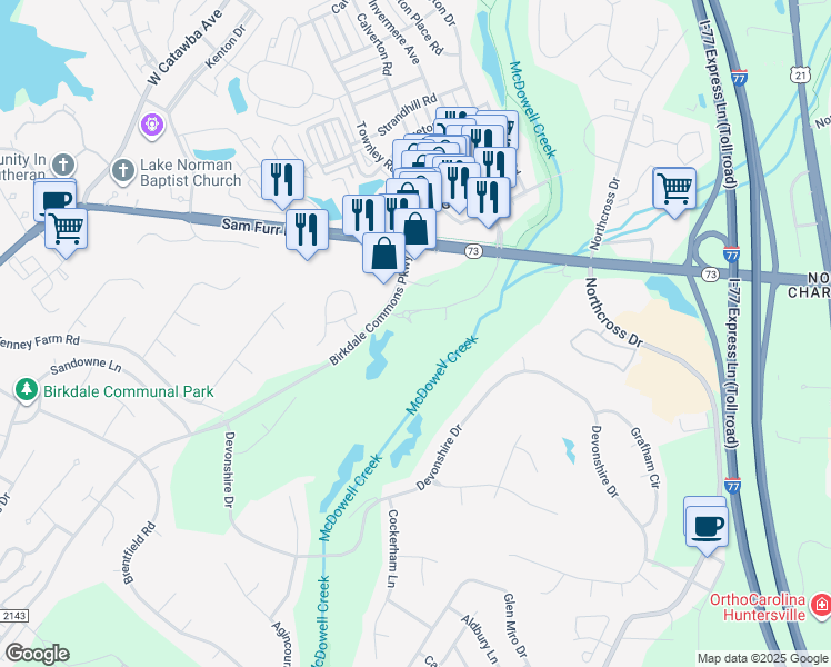 map of restaurants, bars, coffee shops, grocery stores, and more near 16550 Birkdale Commons Parkway in Huntersville