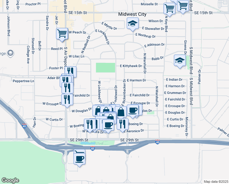map of restaurants, bars, coffee shops, grocery stores, and more near 505 East Lockheed Drive in Midwest City