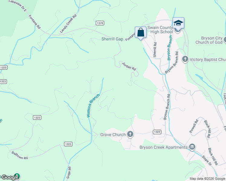 map of restaurants, bars, coffee shops, grocery stores, and more near 151 Dogwood Hollow in Bryson City