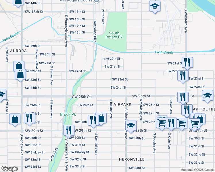 map of restaurants, bars, coffee shops, grocery stores, and more near 1409 Southwest 24th Street in Oklahoma City