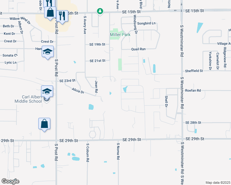 map of restaurants, bars, coffee shops, grocery stores, and more near 2302 South Webster Drive in Midwest City