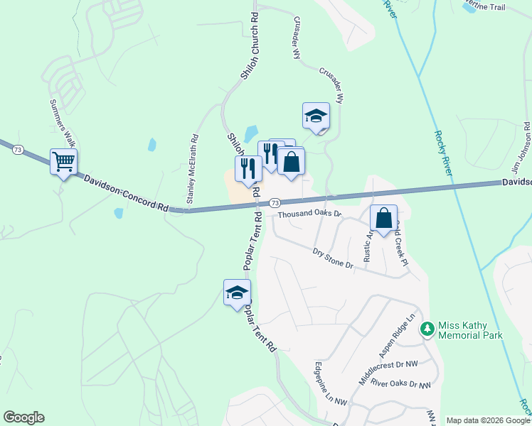 map of restaurants, bars, coffee shops, grocery stores, and more near 11102 Thousand Oaks Drive in Huntersville