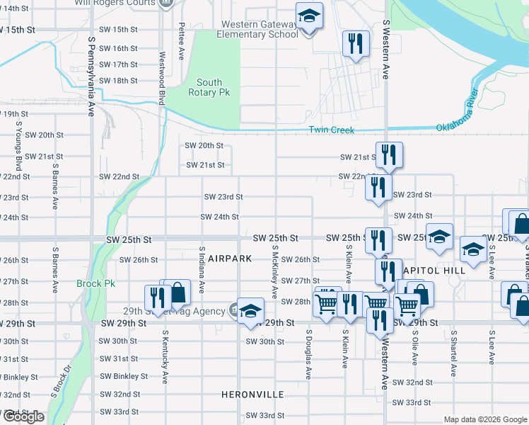 map of restaurants, bars, coffee shops, grocery stores, and more near 1213 Southwest 24th Street in Oklahoma City