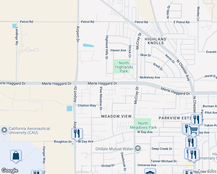map of restaurants, bars, coffee shops, grocery stores, and more near 634 Blue Mountain Way in Bakersfield