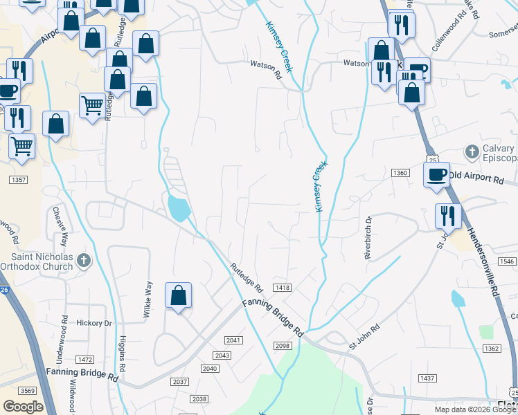 map of restaurants, bars, coffee shops, grocery stores, and more near 64 Rutledge Road in Fletcher