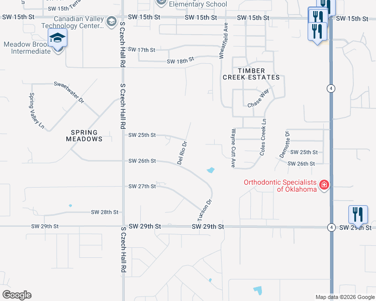 map of restaurants, bars, coffee shops, grocery stores, and more near 2604 Del Rio Drive in Yukon