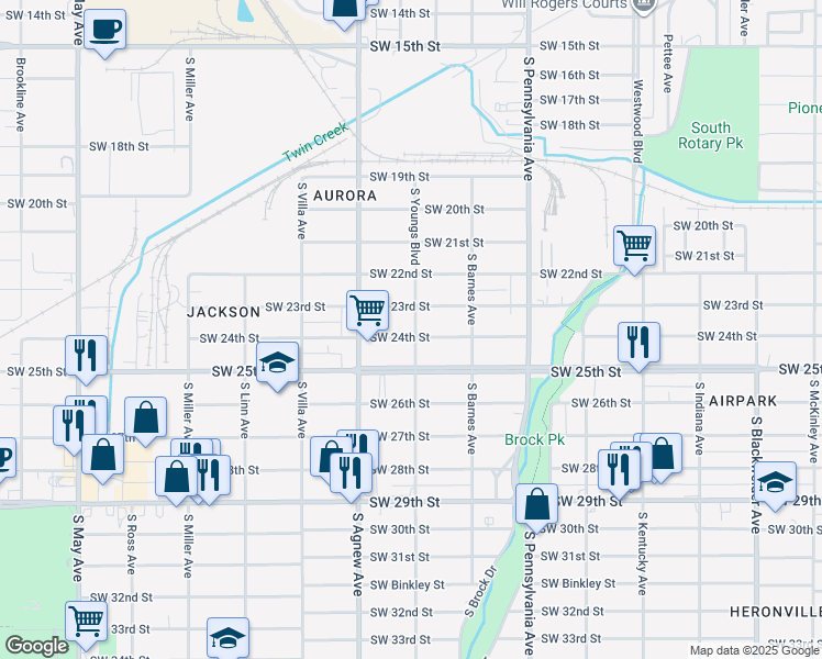 map of restaurants, bars, coffee shops, grocery stores, and more near 2301 Southwest 24th Street in Oklahoma City