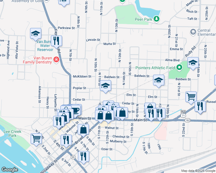 map of restaurants, bars, coffee shops, grocery stores, and more near 1121 Poplar Street in Van Buren