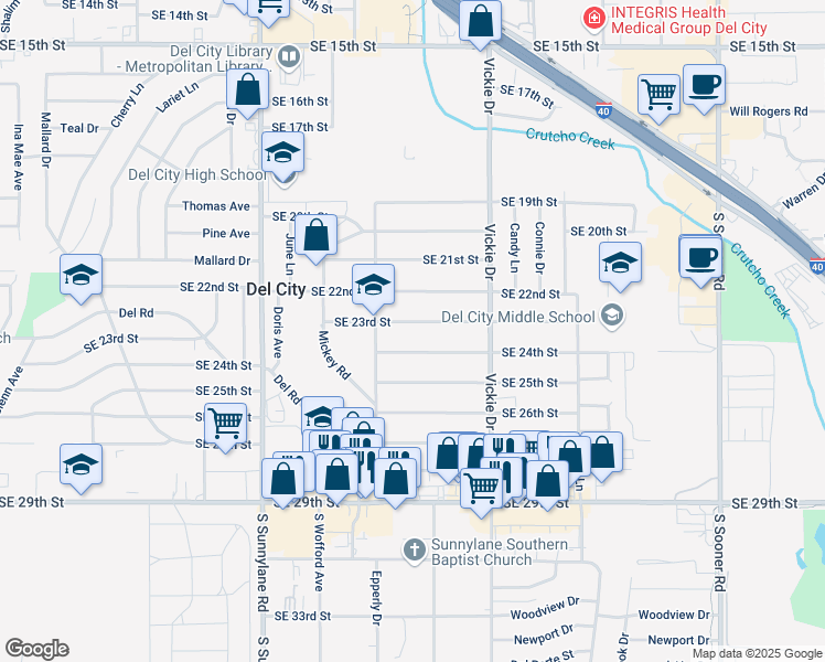 map of restaurants, bars, coffee shops, grocery stores, and more near 4520 SE 23rd St in Del City