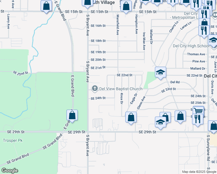 map of restaurants, bars, coffee shops, grocery stores, and more near 3237 Del Road in Del City