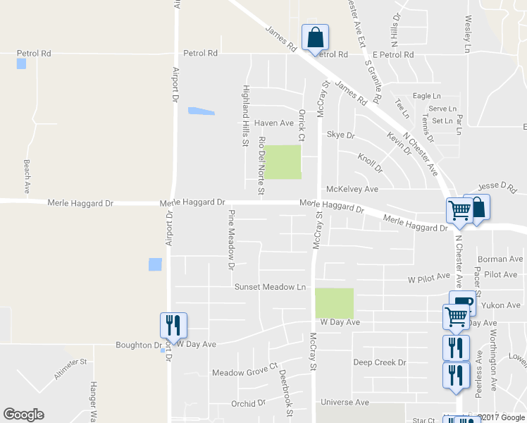 map of restaurants, bars, coffee shops, grocery stores, and more near 561 Blue Meadow Court in Bakersfield