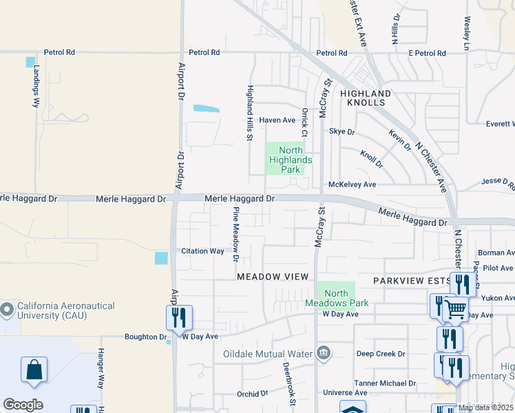 map of restaurants, bars, coffee shops, grocery stores, and more near 634 Blue Mountain Way in Bakersfield