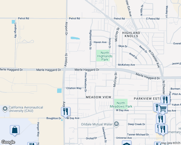 map of restaurants, bars, coffee shops, grocery stores, and more near 634 Blue Mountain Way in Bakersfield