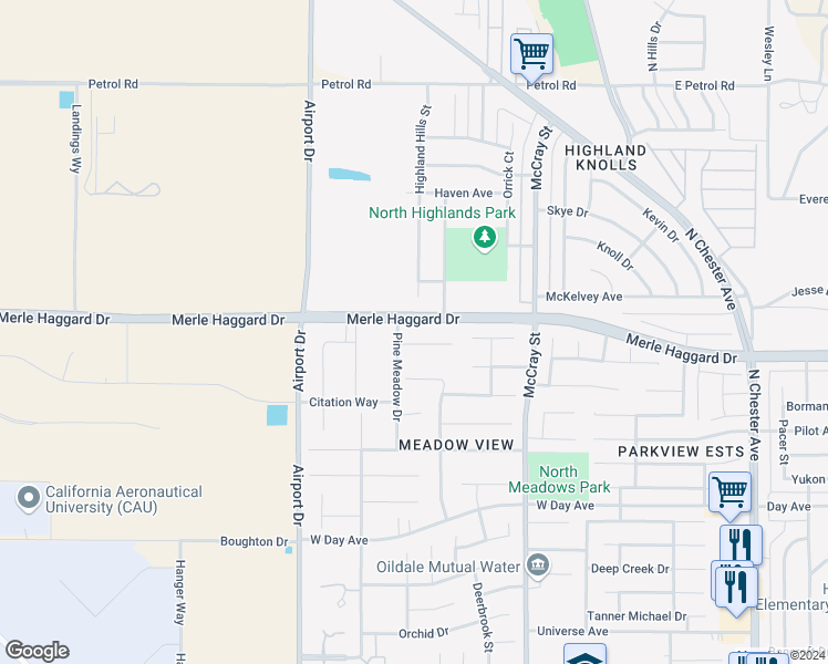 map of restaurants, bars, coffee shops, grocery stores, and more near 634 Blue Mountain Way in Bakersfield