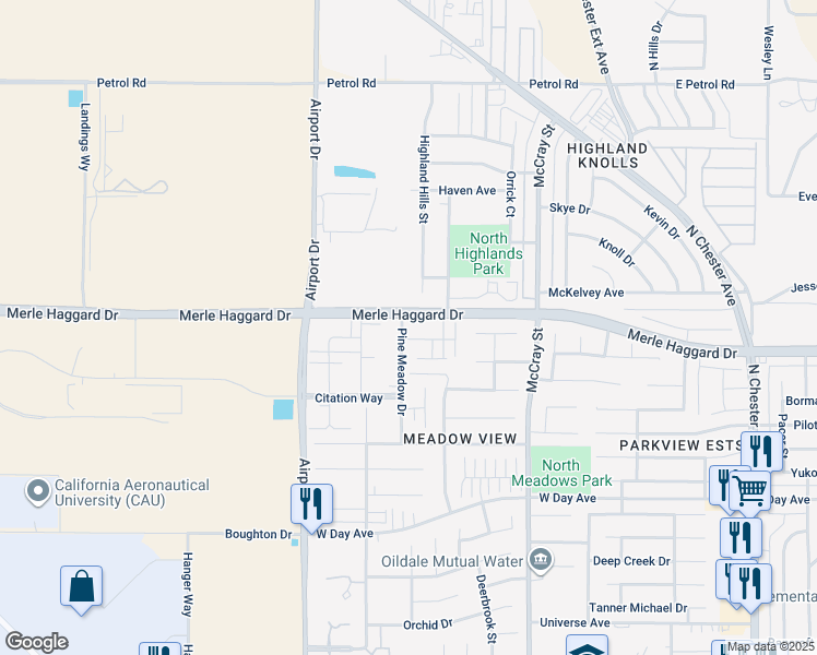 map of restaurants, bars, coffee shops, grocery stores, and more near 3803 Pine Meadow Drive in Bakersfield