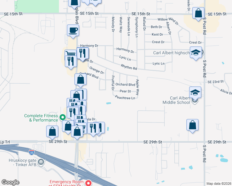 map of restaurants, bars, coffee shops, grocery stores, and more near 9315 Peachtree Lane in Midwest City