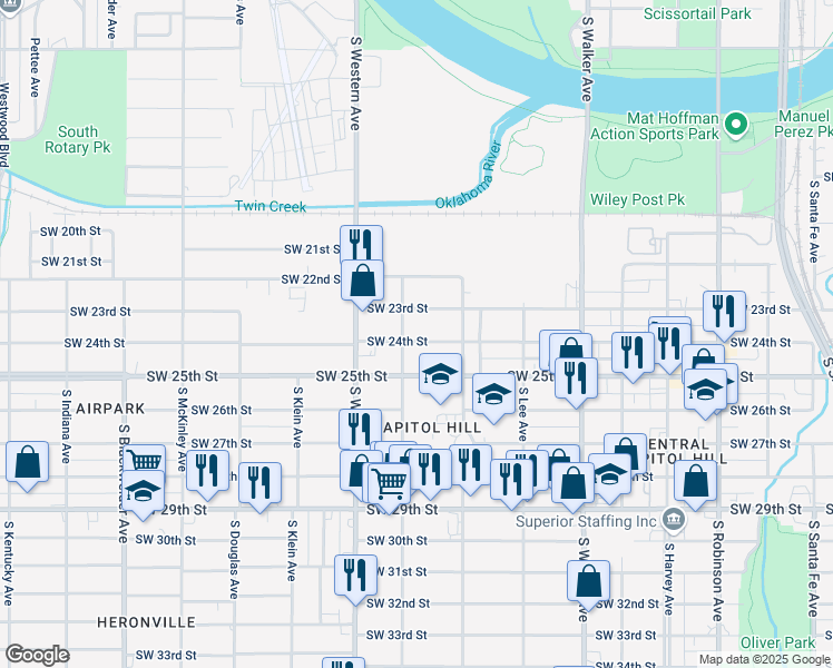 map of restaurants, bars, coffee shops, grocery stores, and more near 737 Southwest 24th Street in Oklahoma City