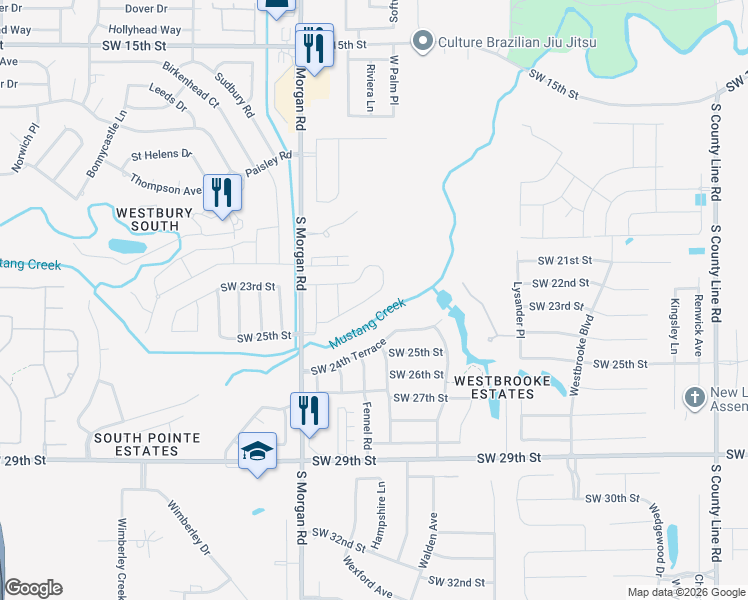 map of restaurants, bars, coffee shops, grocery stores, and more near 2400 South Morgan Road in Oklahoma City