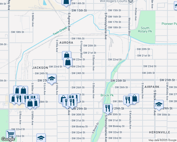 map of restaurants, bars, coffee shops, grocery stores, and more near 2221 Southwest 24th Street in Oklahoma City
