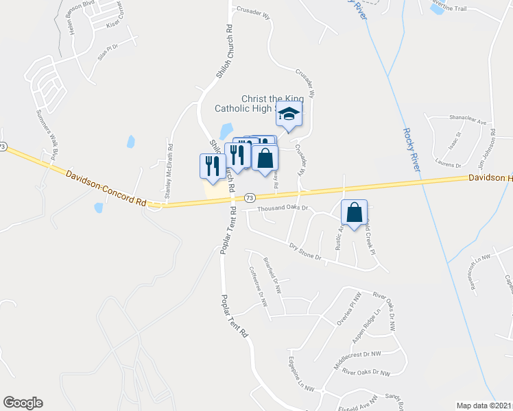 map of restaurants, bars, coffee shops, grocery stores, and more near 11052 Thousand Oaks Drive in Huntersville