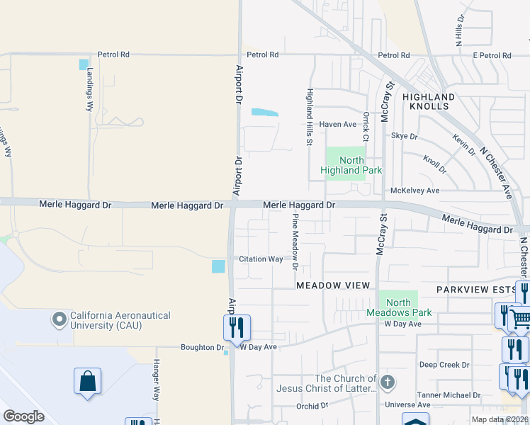 map of restaurants, bars, coffee shops, grocery stores, and more near 800 Black Rock Drive in Bakersfield