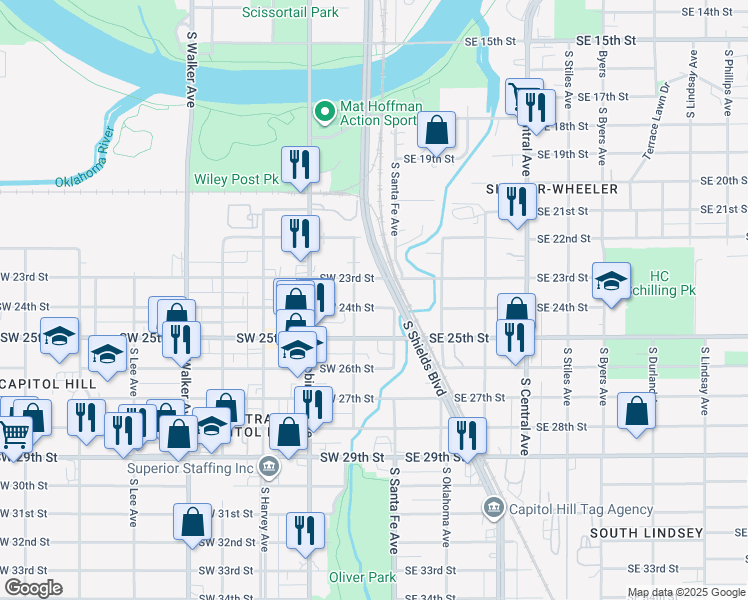 map of restaurants, bars, coffee shops, grocery stores, and more near 19 Southwest 24th Street in Oklahoma City