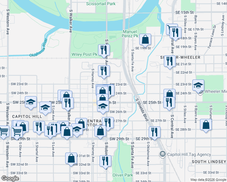 map of restaurants, bars, coffee shops, grocery stores, and more near 119 Southwest 24th Street in Oklahoma City