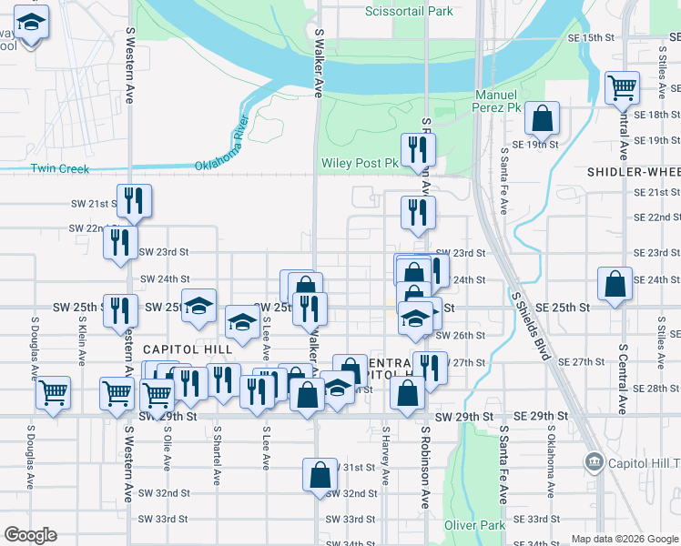 map of restaurants, bars, coffee shops, grocery stores, and more near 325 Southwest 24th Street in Oklahoma City