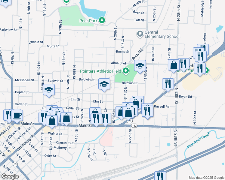 map of restaurants, bars, coffee shops, grocery stores, and more near 415 North 20th Street in Van Buren
