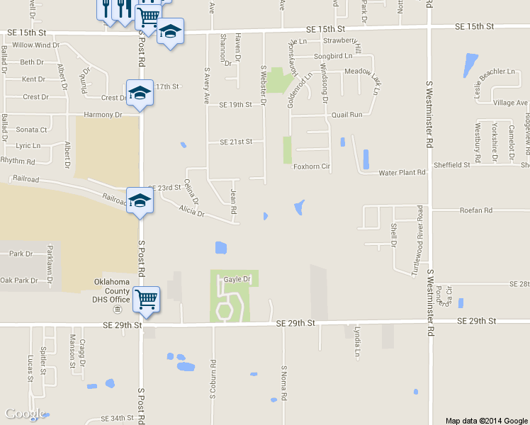 map of restaurants, bars, coffee shops, grocery stores, and more near 2305 South Webster Drive in Midwest City