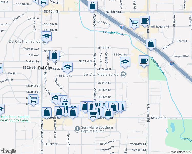 map of restaurants, bars, coffee shops, grocery stores, and more near 4700 Southeast 23rd Street in Del City