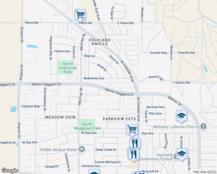 map of restaurants, bars, coffee shops, grocery stores, and more near 319 Woodlands Meadow Court in Bakersfield