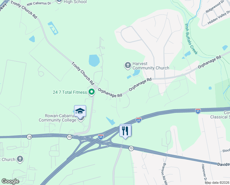 map of restaurants, bars, coffee shops, grocery stores, and more near 4546 Orphanage Road in Concord