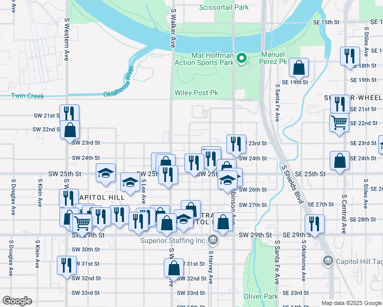 map of restaurants, bars, coffee shops, grocery stores, and more near 325 Southwest 24th Street in Oklahoma City