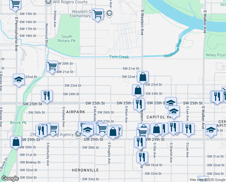 map of restaurants, bars, coffee shops, grocery stores, and more near 1045 Southwest 24th Street in Oklahoma City
