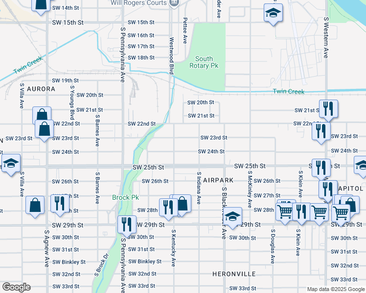 map of restaurants, bars, coffee shops, grocery stores, and more near 1409 Southwest 24th Street in Oklahoma City