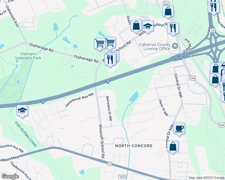 map of restaurants, bars, coffee shops, grocery stores, and more near 396 Belvedere Drive Northwest in Concord