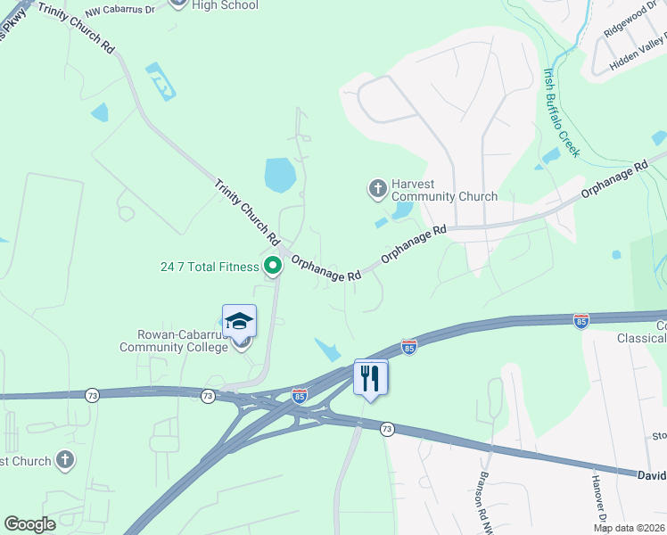 map of restaurants, bars, coffee shops, grocery stores, and more near 4546 Orphanage Road in Concord