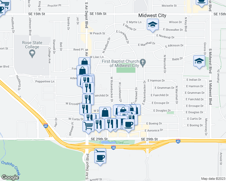 map of restaurants, bars, coffee shops, grocery stores, and more near 507 West Rickenbacker Drive in Midwest City