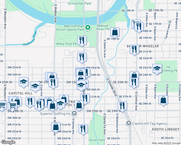 map of restaurants, bars, coffee shops, grocery stores, and more near 119 Southwest 24th Street in Oklahoma City