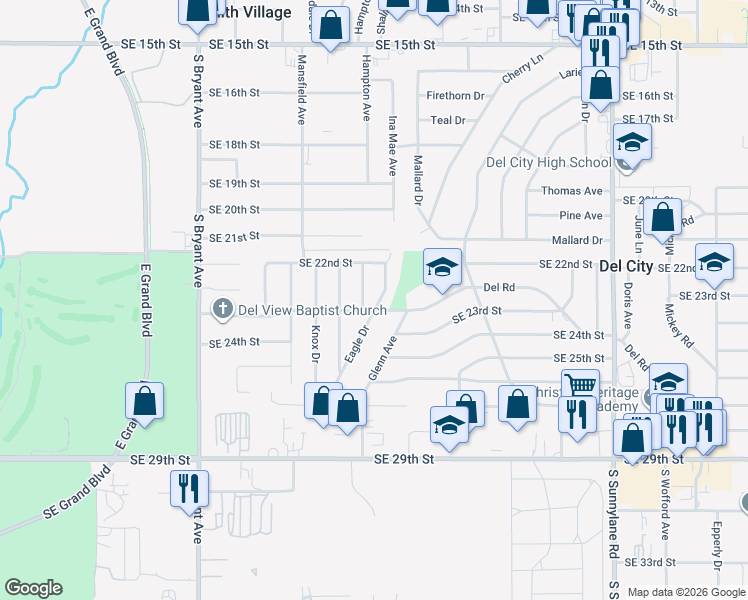 map of restaurants, bars, coffee shops, grocery stores, and more near 3601 Del Road in Del City