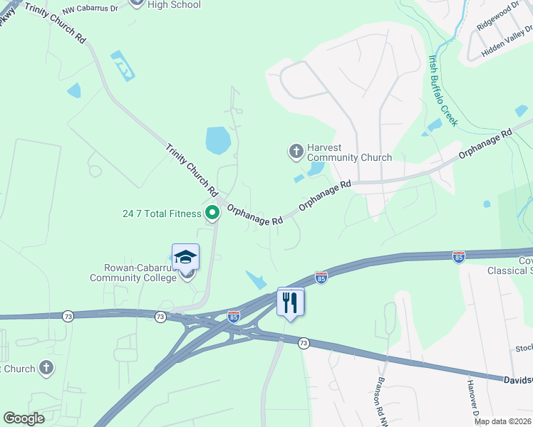 map of restaurants, bars, coffee shops, grocery stores, and more near 4546 Orphanage Road in Concord