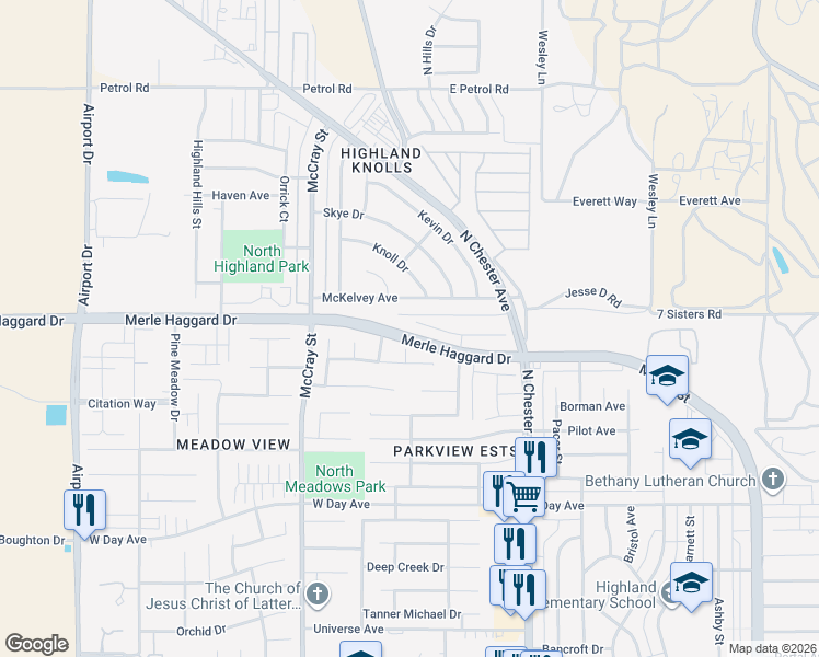 map of restaurants, bars, coffee shops, grocery stores, and more near 3735 Rock Meadow Court in Bakersfield