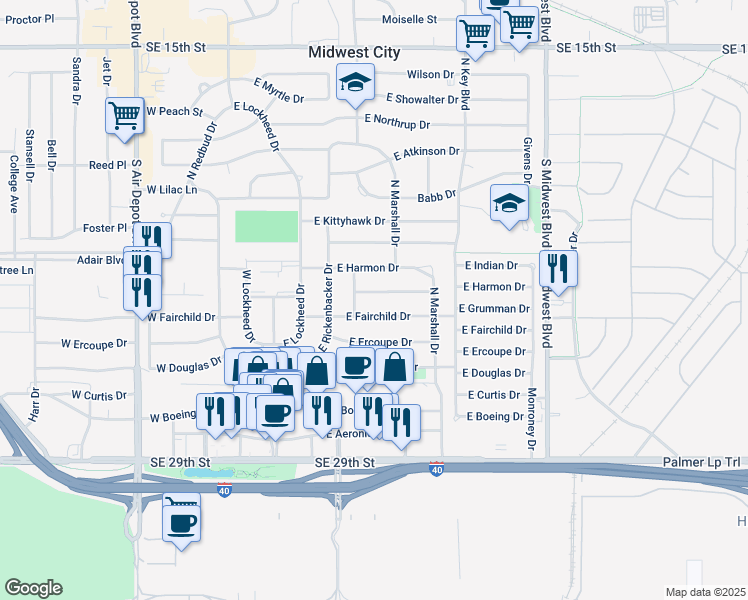 map of restaurants, bars, coffee shops, grocery stores, and more near 301 East Fairchild Drive in Midwest City