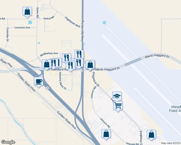 map of restaurants, bars, coffee shops, grocery stores, and more near 35315 Merle Haggard Drive in Bakersfield