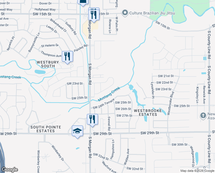map of restaurants, bars, coffee shops, grocery stores, and more near 2400 South Morgan Road in Oklahoma City