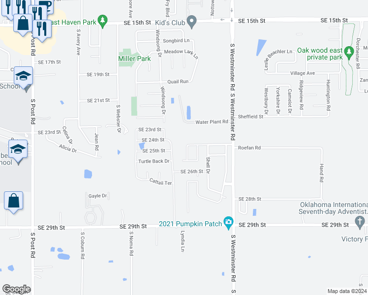 map of restaurants, bars, coffee shops, grocery stores, and more near 2315 Box Turtle Way in Midwest City