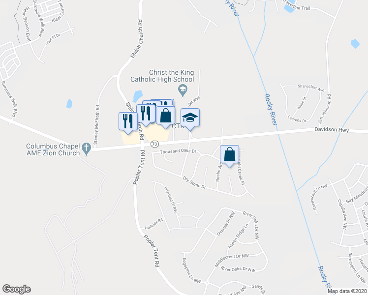 map of restaurants, bars, coffee shops, grocery stores, and more near 11008 Thousand Oaks Drive in Huntersville